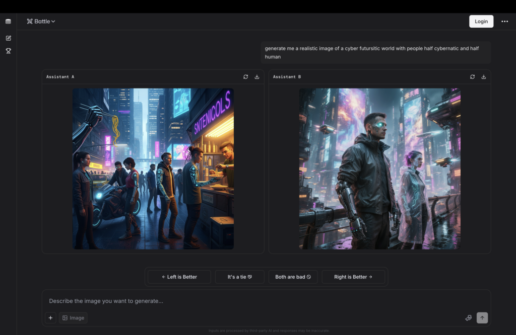 AI image generators compared in LMArena for creating a cyberpunk futuristic world scene